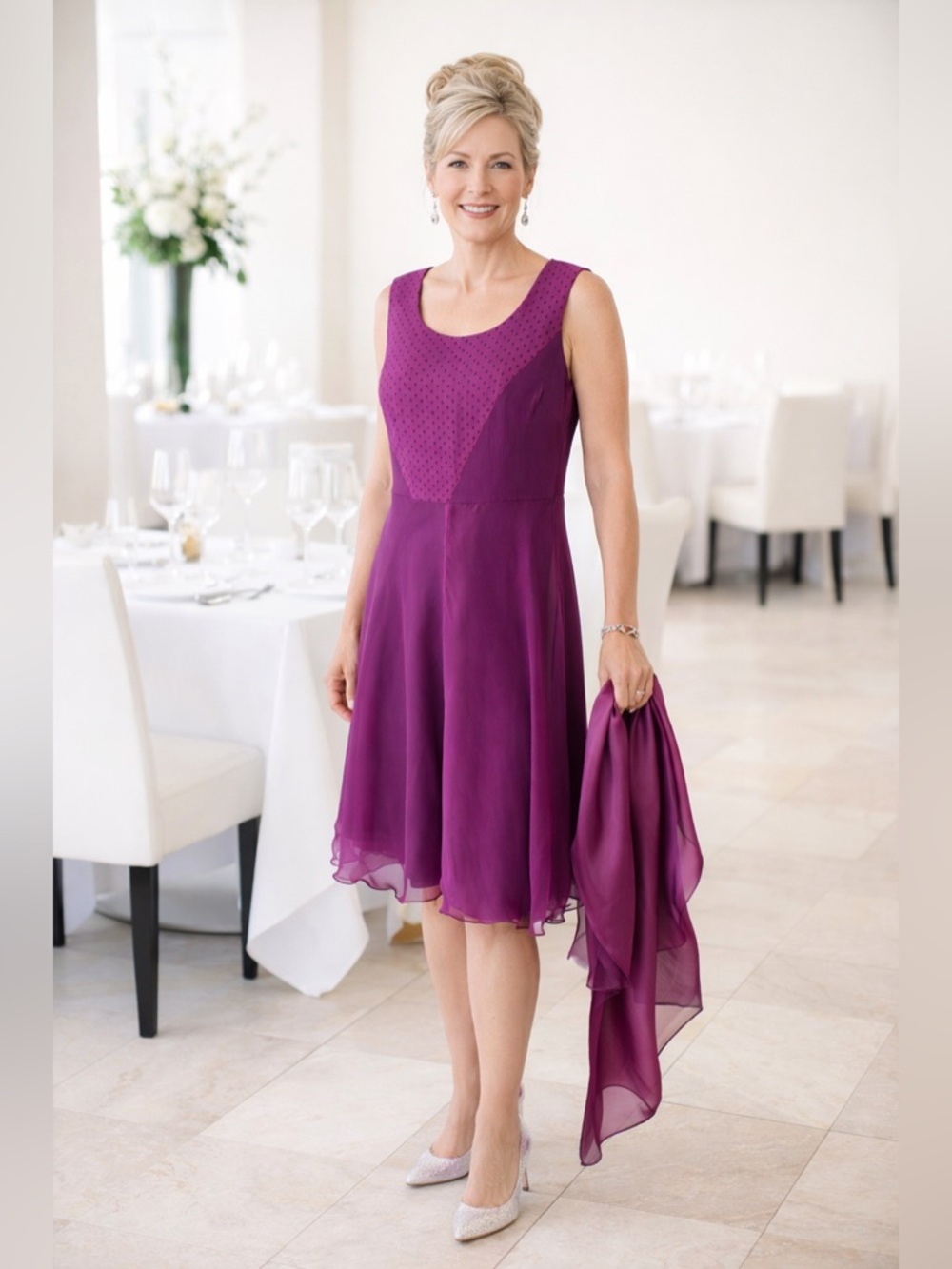 J. Peterman Silk Dress Long Sleeveless Women 12 Purple Fairy Fit Flare Formal